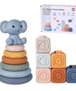 Set cuburi moi pentru bebelusi si turn de sortare- Elefant, 6 luni+