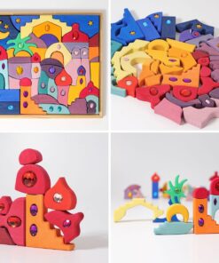 Set de cuburi senzoriale din lemn cu elemente de construcție libere – tip Loose Parts, 3 ani