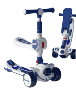 Trotineta 2 in 1,cu scaunel, pliabila cu 3 roti si lumini si muzica, 2 ani+, Albastru