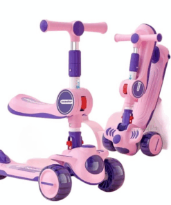 Trotineta 2 in 1,cu scaunel, pliabila cu 3 roti si lumini si muzica, 2 ani+, ROZ