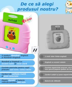 Cititor audio de carduri in limba romana si engleza, cu 448 de cuvinte, Roz, 3 ani + 01