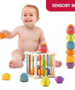 Alternative view of Cub sortator de forme geometrice cu benzi elastice si jucarii zornaitoare, 0 luni