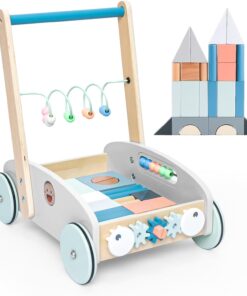 Jucarie de impins din lemn cu set de cuburi