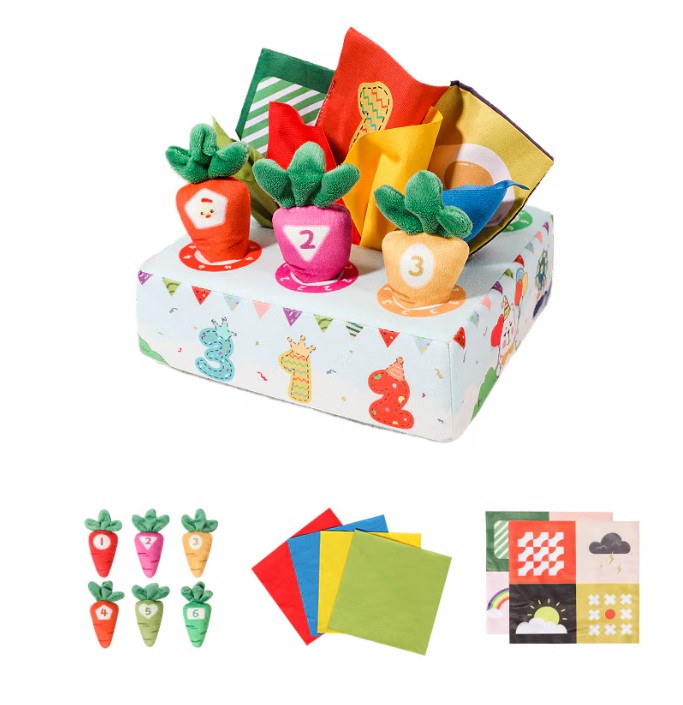 Jucarie educativa si senzoriala bebe, Cub textil cu servetele si joc de motricitate, 6 luni+