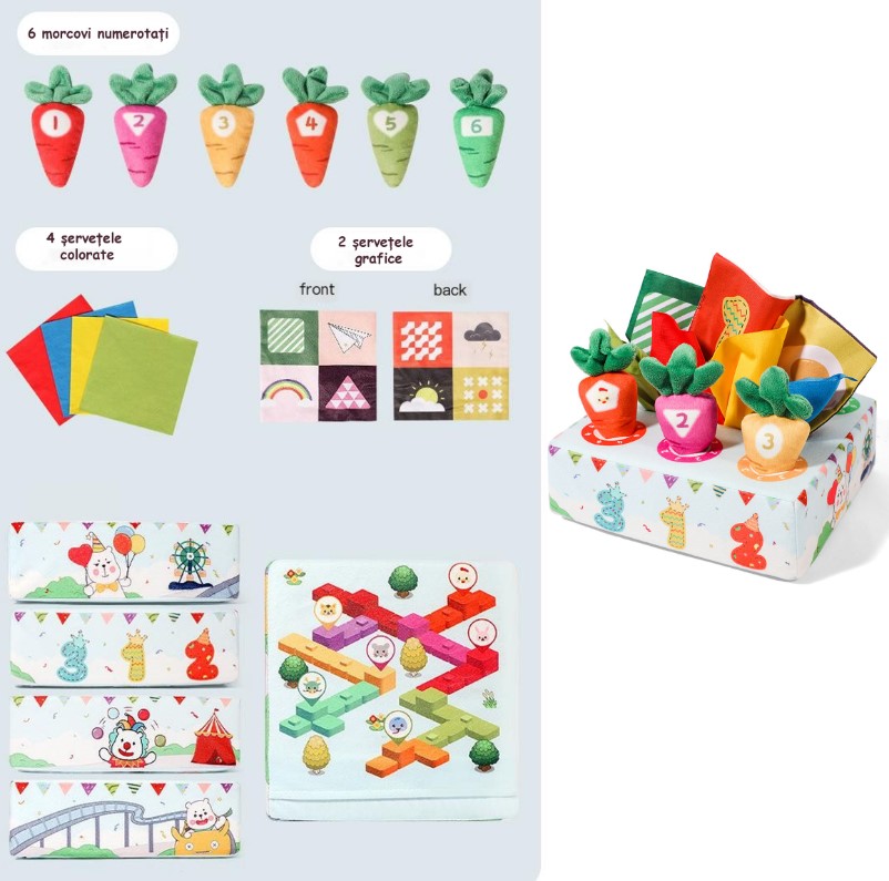 Jucarie educativa si senzoriala bebe, Cub textil cu servetele si joc de motricitate, 6 luni+ - imagine 2