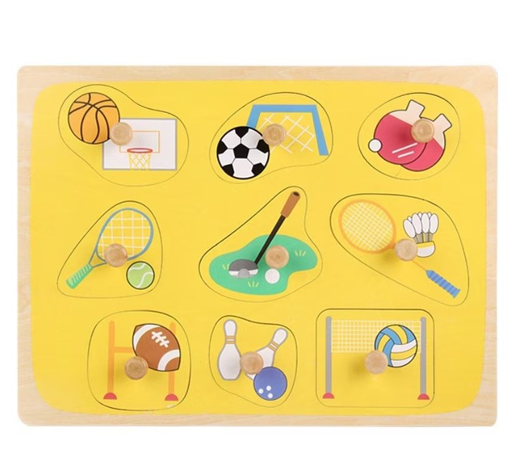 Puzzle incastru din lemn cu butoni si imagine de asociere – Sport
