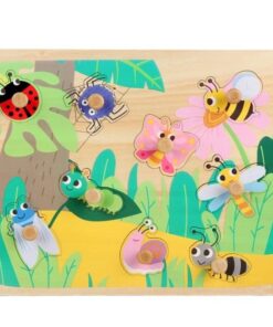 Puzzle incastru din lemn cu butoni si imagine de asociere –Insecte