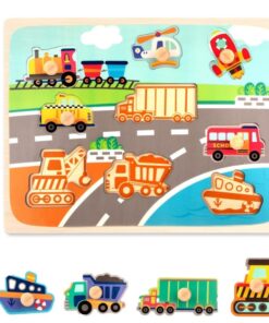 Puzzle incastru din lemn cu butoni si imagine de asociere –Mijloace de transport