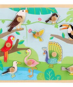 Puzzle incastru din lemn cu butoni si imagine de asociere –Pasari