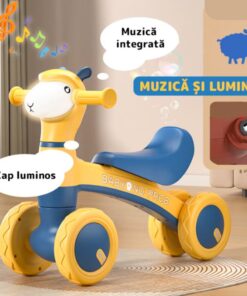 Bicicleta fara pedale cu 4 roti cu lumini, sunete, Baloane de sapun, 1-3 ani, Oita Galbena