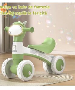 Bicicleta fara pedale cu 4 roti cu lumini, sunete, Baloane de sapun, 1-3 ani, Oita Verde