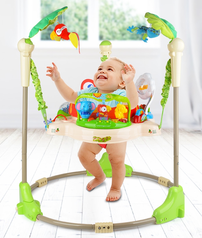 Centru de activitati pentru bebelusi, Jumper interactiv, 6 LUNI+, ajustabil pe inaltime, scaun rotativ 360°, Tropical