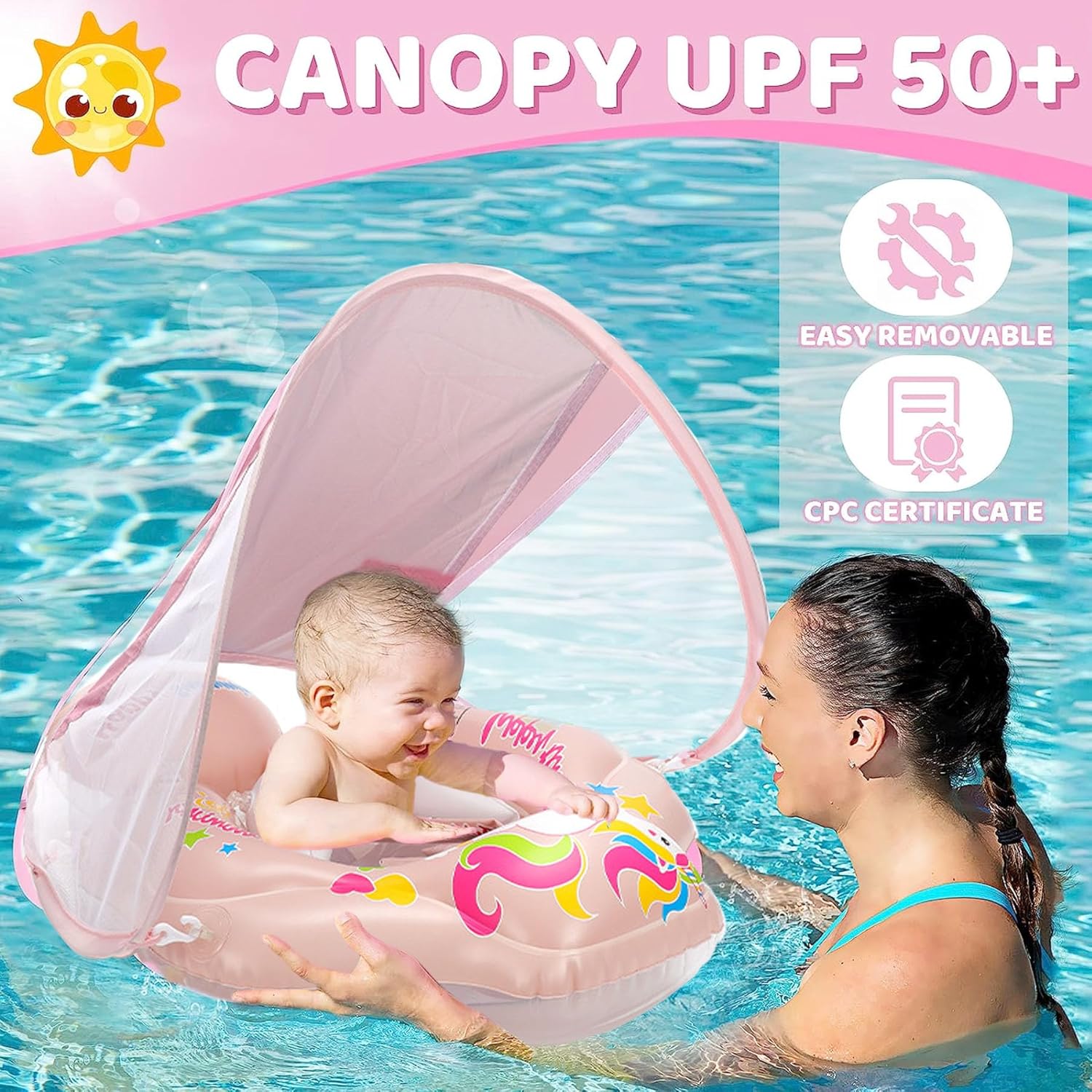 Colac multifunctional cu parasolar si centuri, 2-6 ani, Roz - imagine 2