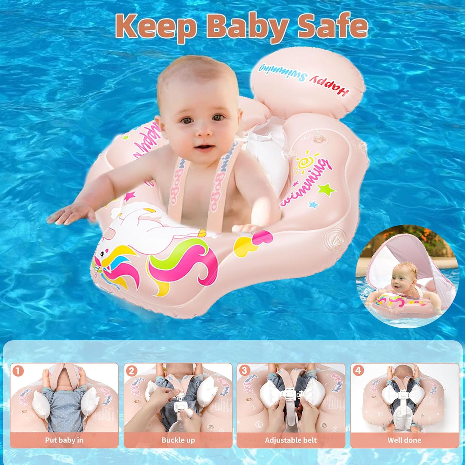 Colac multifunctional cu parasolar si centuri, 2-6 ani, Roz - imagine 7