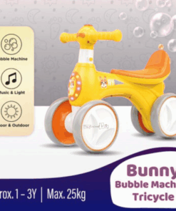 Bicicleta fara pedale cu 4 roti cu lumini, sunete, Baloane de sapun, 1-3 ani, Galben