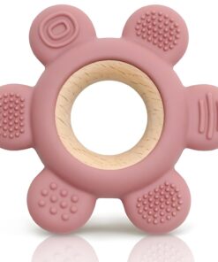 Jucarie de dentitie din silicon si lemn, Roz, 6 luni+