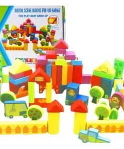 Set  100 cuburi din lemn multicolore pentru construit, Ferma, 3 ani