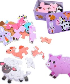 Set 6 puzzle-uri cu animale de la ferma, in cutie metalica, 25 piese mari