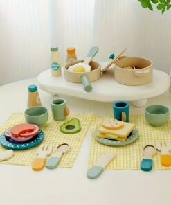 Set de accesorii bucatarie, ustensile si alimente din lemn,  40 piese, 3 ani+