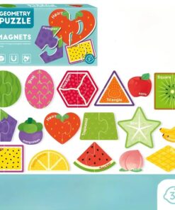 Puzzle magnetic din 2 piese, Forme geometrice si fructe - 30 piese, 3 ani+