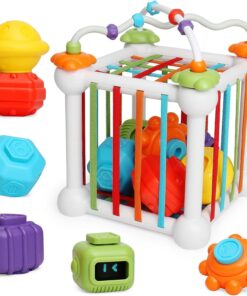 Cub sortator de forme geometrice cu benzi elastice si jucarii zornaitoare, 12 luni