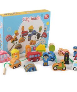 Joc de tip Montessori, set 16 margele din lemn, 3 ani, Orasel