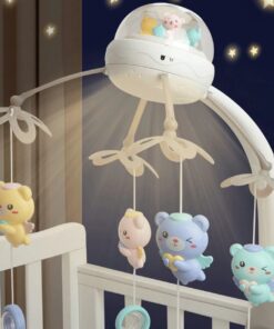 Jucarie bebe pentru patut, 0 luni+, Carusel muzical cu telecomanda, Gri