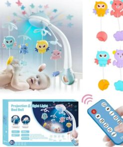 Jucarie bebe pentru patut, 0 luni+, Carusel muzical cu telecomanda, Albastru