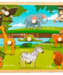 Puzzle incastru din lemn cu butoni si imagine de asociere –Animale din jungla