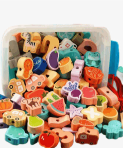 Joc de tip Montessori, set 42 margele din lemn, 3 ani+