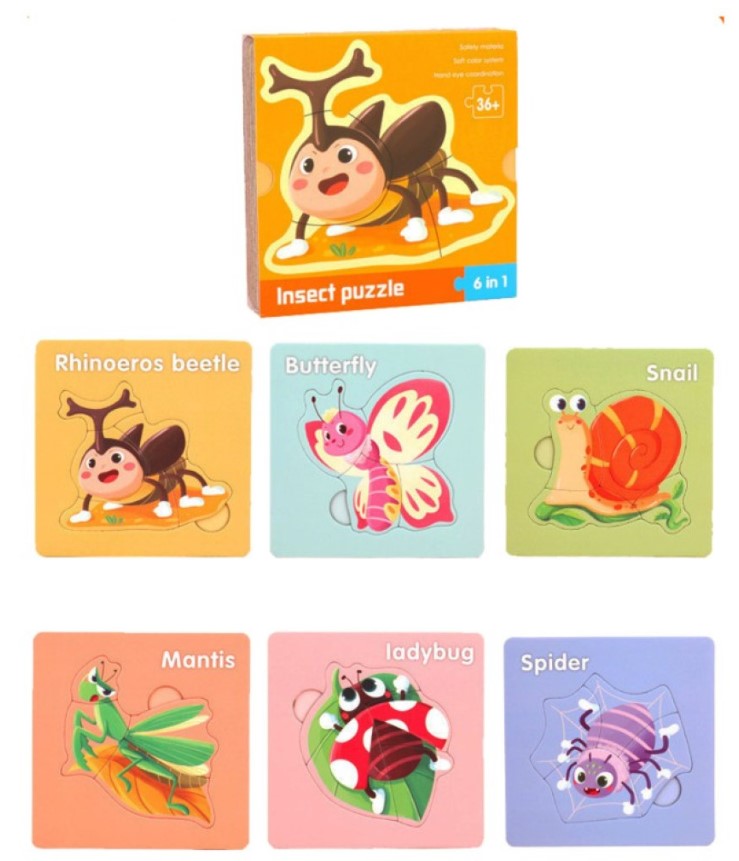Set cu puzzle din 4-5 piese, 6 Insecte