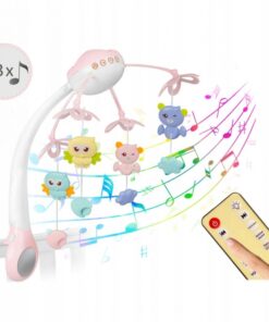 Jucarie bebe pentru patut, 0 luni+, Carusel muzical cu telecomanda, Roz