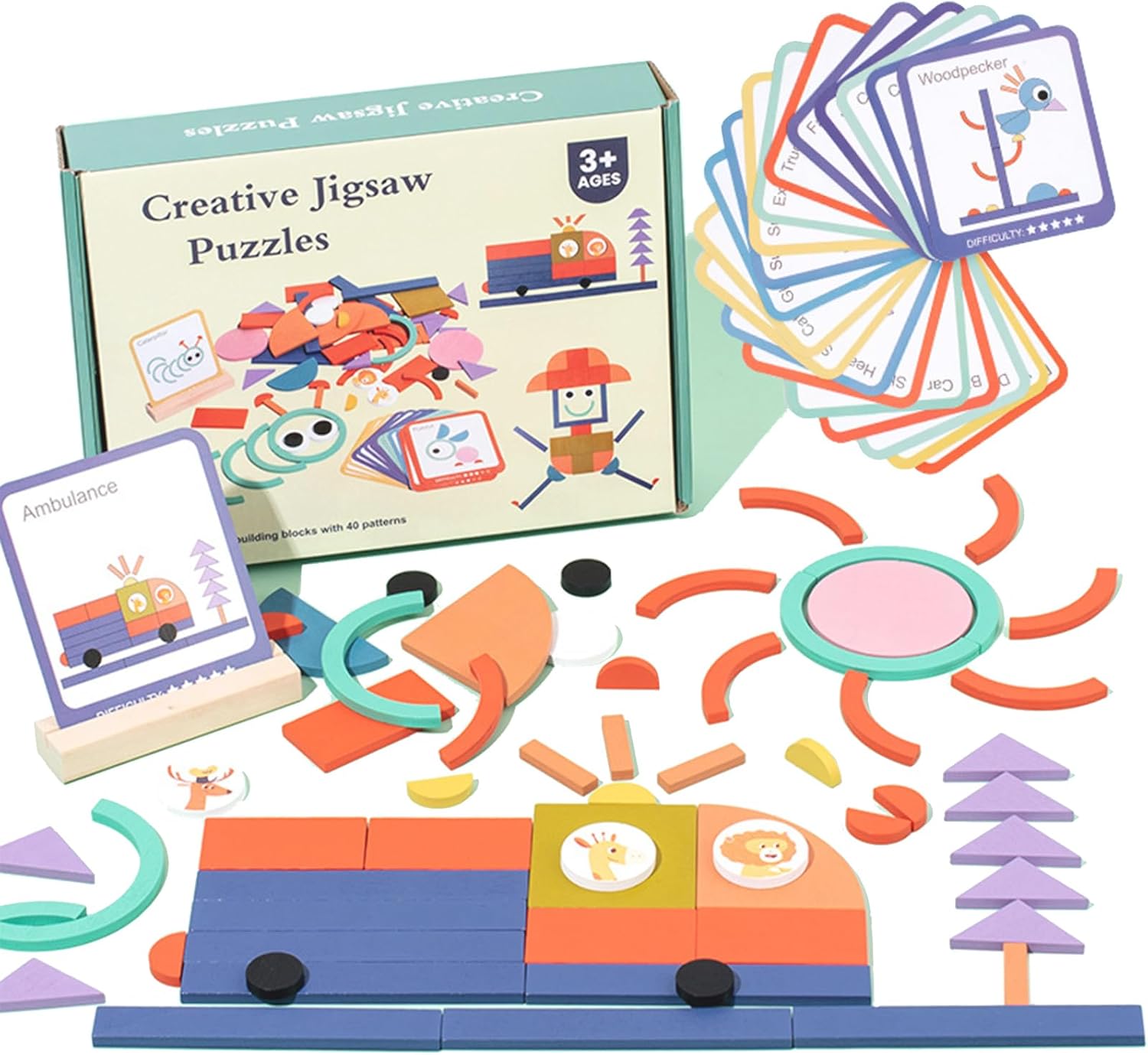 Puzzle educativ Tangram din lemn cu 100 piese, Forme, 3 ani+