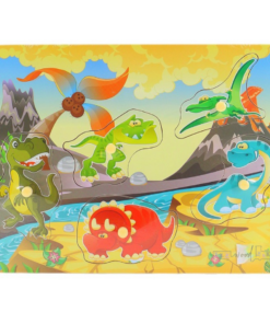 Puzzle incastru din lemn cu butoni si imagine de asociere –DINO