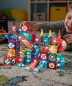 Alternative view of Set de constructie magnetic 3D cu 110 de piese, STEM, Marble Run cu lumini, 3 ani