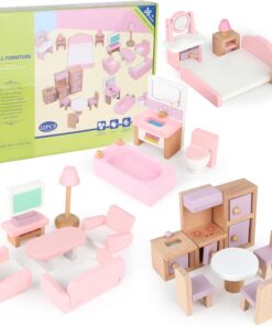 Set mobilier case de papusi, din lemn, 22 de piese