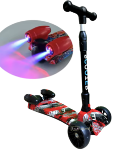 Trotinetă pentru copii cu 3 roți, ajustabilă, pliabila cu lumini LED, sunete si abur, efect de fum, Rosu