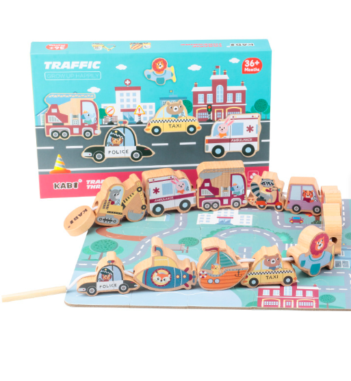 Joc educativ din lemn pentru șnuruit si puzzle 3 D, Mijloace de transport, 3 ani - imagine 3