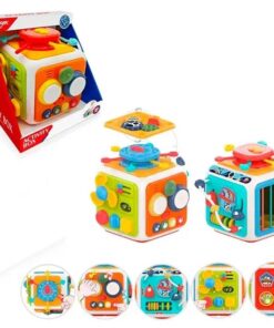 Cub sortator de forme geometrice cu benzi elastice si sunete si efecte, 18 luni