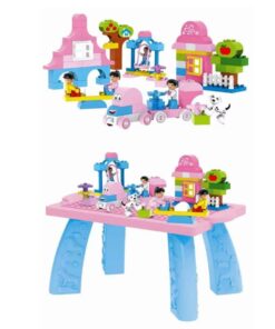 Cuburi de construit tip lego cu masuta si 100 Piese, mici, 3 ani+, Beinzi, Roz