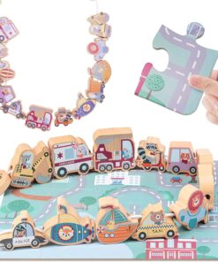 Joc educativ din lemn pentru șnuruit si puzzle 3 D, Mijloace de transport, 3 ani