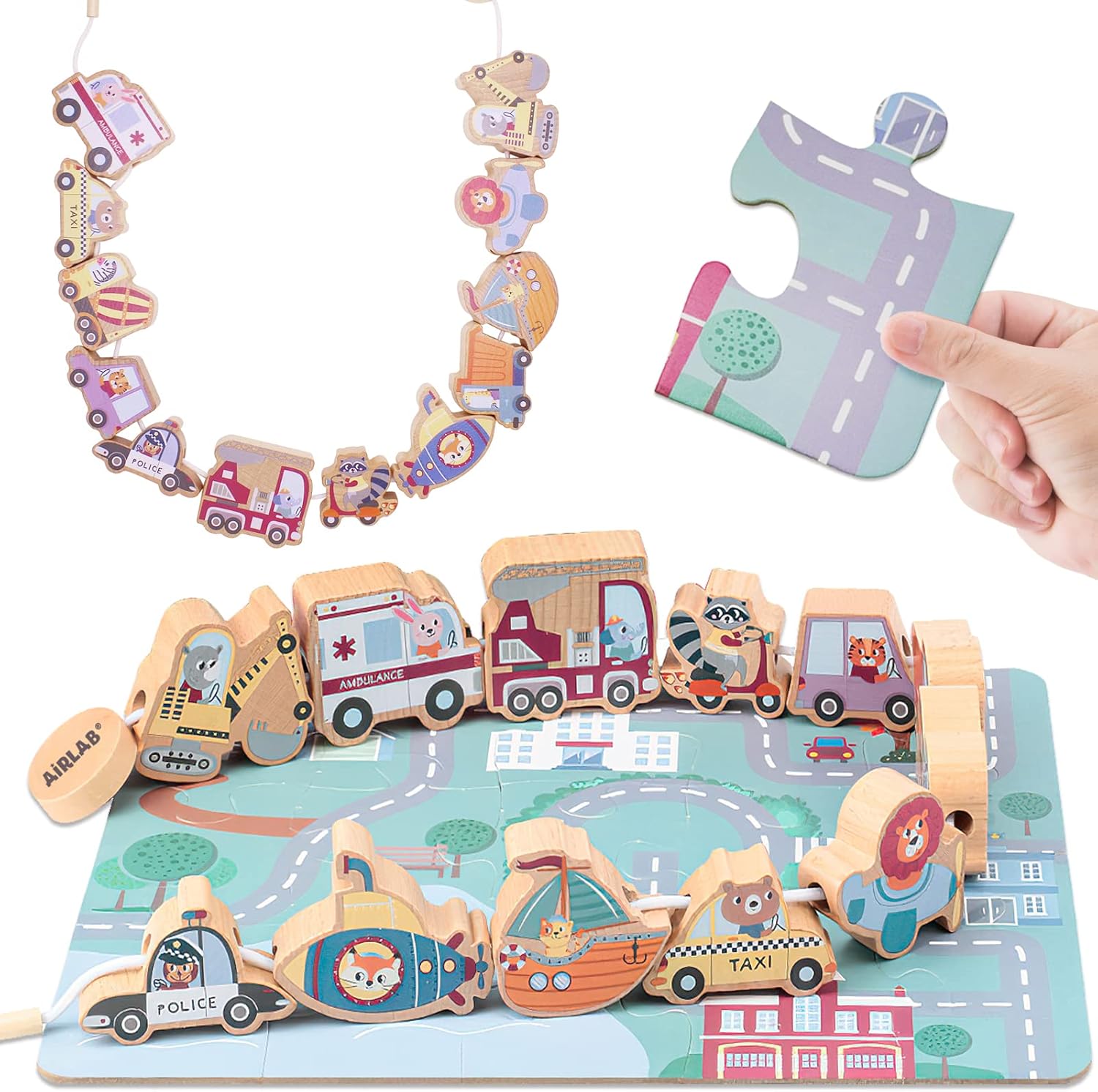 Joc educativ din lemn pentru șnuruit si puzzle 3 D, Mijloace de transport, 3 ani