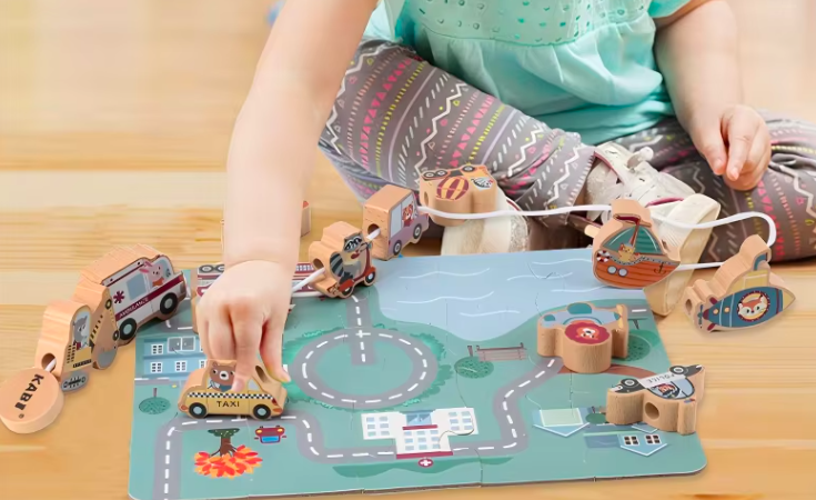 Joc educativ din lemn pentru șnuruit si puzzle 3 D, Mijloace de transport, 3 ani - imagine 2