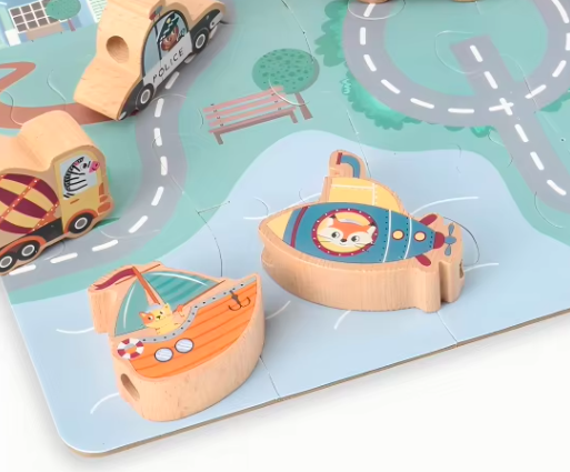 Joc educativ din lemn pentru șnuruit si puzzle 3 D, Mijloace de transport, 3 ani - imagine 5