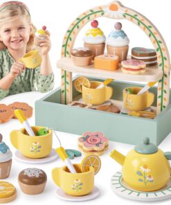 Jucărie din lemn – Set servirea ceaiului, 14 piese, joc de rol Montessori pentru copii, 3 ani+
