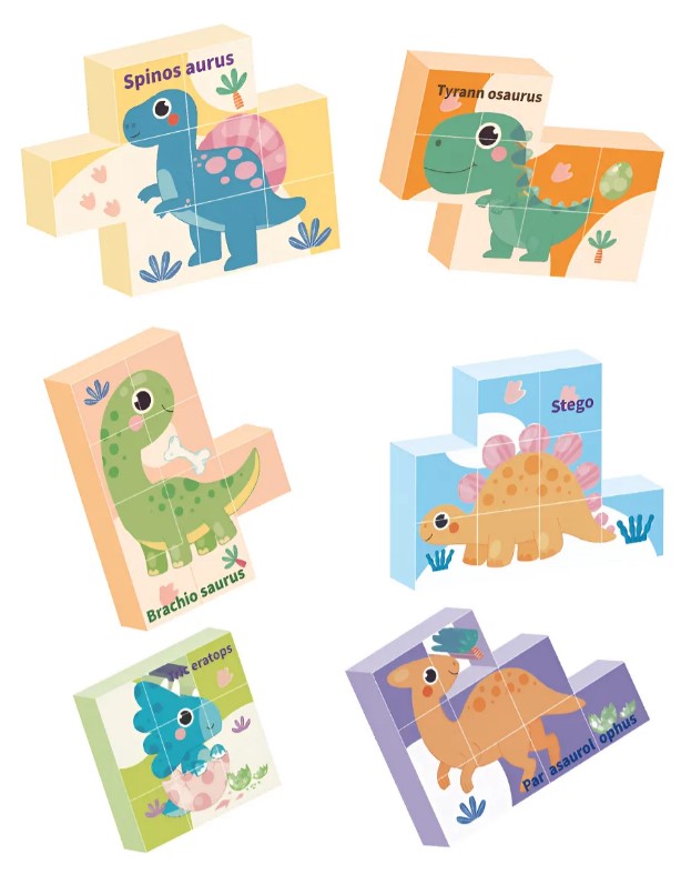 Set 6 cuburi puzzle din lemn Dinozauri, 36 luni+ - imagine 2