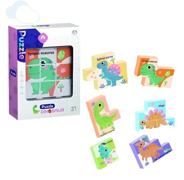 Set 6 cuburi puzzle din lemn Dinozauri, 36 luni+