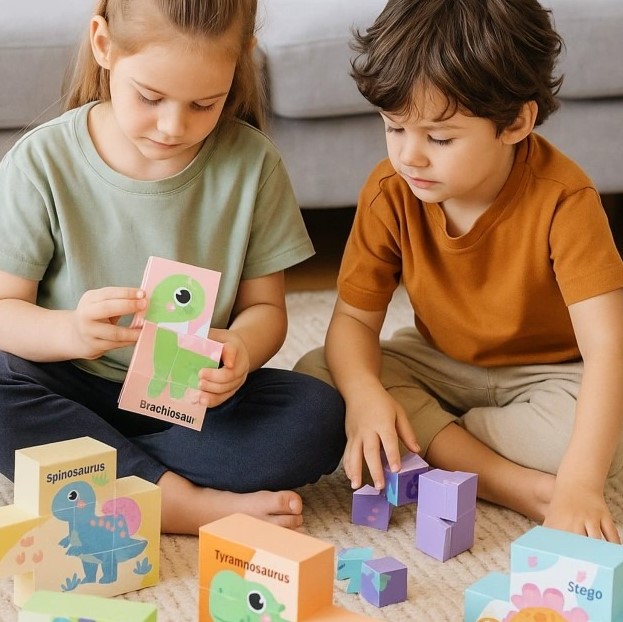 Set 6 cuburi puzzle din lemn Dinozauri, 36 luni+ - imagine 4