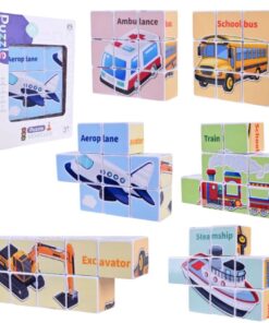 Set 6 cuburi puzzle din lemn, Mijloace de transport, 36 luni+