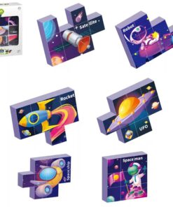 Set 6 cuburi puzzle din lemn, Spatiu, 36 luni+